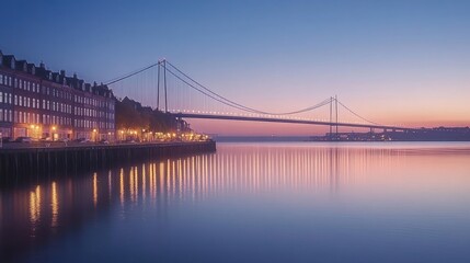 Obraz premium Calm sunrise over river, city buildings and suspension bridge.