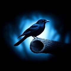 Fototapeta premium Black bird perched on a log at night.