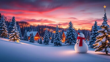 Fototapeta premium Snowman standing in winter village with festive decorations, twinkling lights, and snow-covered trees at dusk, village, decorations