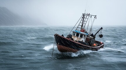 Sea expedition: fishing vessel gliding across waves, symbolizing resilience, allure of aquatic life, timeless tradition of fishing that connects communities with their rich maritime heritage.