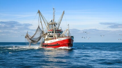 Naklejka premium Sea expedition: fishing vessel gliding across waves, symbolizing resilience, allure of aquatic life, timeless tradition of fishing that connects communities with their rich maritime heritage.