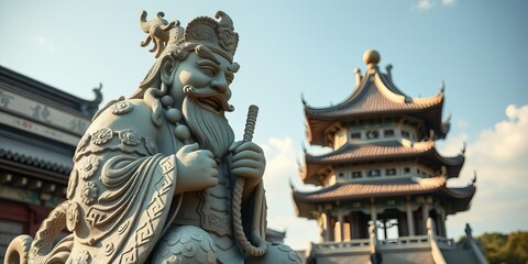 Fototapeta premium Stone statue of a Chinese imperator standing with traditional robes and a stern expression in front of a pagoda and dragons, robes, imperator