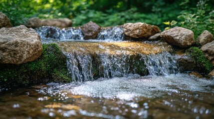 Serene cascading waterfall flowing over moss-covered rocks in a lush green forest.