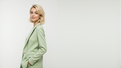 Elegant young woman with short blonde hair wearing a mint green suit posing confidently against a light background with copy space
