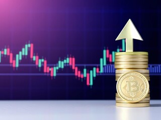 Technical price graph and indicator with red and green candlestick chart on blue screen showing market volatility and trends in stock trading and crypto currency, blue theme, down trend