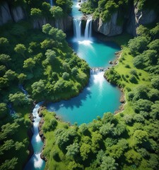 Aerial view of a blue and green earth with lush vegetation and sparkling waterfalls, clouds, aerial view, environmental