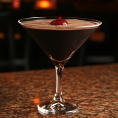Chocolate martini cocktail garnished with a cherry.
