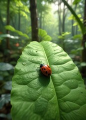 Fototapeta premium Red ladybug on a large green leaf in the forest, trees, tree, plant