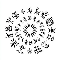 Circular design featuring stylized animals and plants.