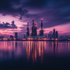Cityscape at sunset, reflected in calm water.