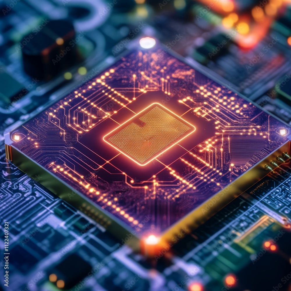 Poster close-up of a computer processor chip on a circuit board, glowing orange.