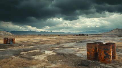 Fototapeta premium A bleak landscape with rusted barrels, dry earth, and dark clouds above, framed by distant mountains to symbolize environmental degradation