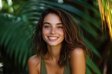 Fototapeta premium Smiling young woman with wavy hair in a lush tropical setting during daylight