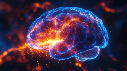 Fototapeta premium Glowing digital human brain with energy sparks.