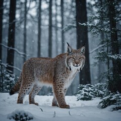 A lynx walking through a mystical winter forest.