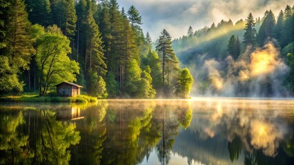 Fototapeta premium Serene sunrise mist over a tranquil lake reflecting the golden light and a small lakeside cabin nestled amongst lush green trees