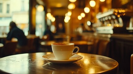 Fototapeta premium A cappuccino sits on a table in a bustling Parisian cafe.
