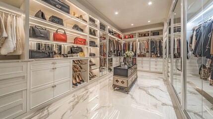 Luxurious walk-in closet with marble floors, custom cabinetry, and ample storage for clothing, shoes, and accessories.