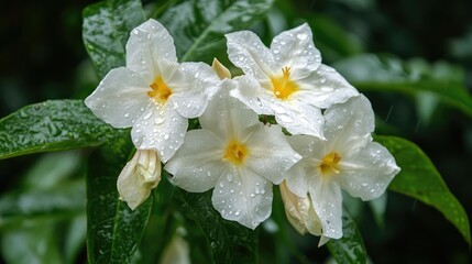 Fototapeta premium A soft, intimate shot of white blooms with yellow centers after a rain shower, set amidst vibrant garden greenery