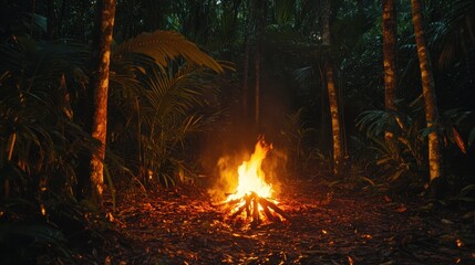Campfire burning brightly in a dark jungle at night.