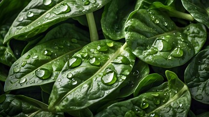 Fototapeta premium Background from fresh green spinach leaves with water drops. Texture of raw organic baby spinach close up. Food background
