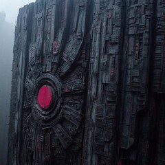 Dark, textured, monolithic structure with red central element.