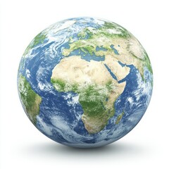 Fototapeta premium Detailed 3D Earth model showcasing continents, oceans, and clouds against a white background.