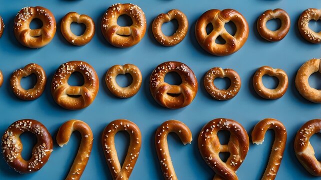 Arrangement of pretzels on a blue background