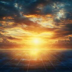 Dramatic sunset over a gridded landscape.