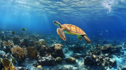 Obraz premium Colorful coral reefs and a sea turtle gliding through clear blue waters in a vibrant underwater habitat
