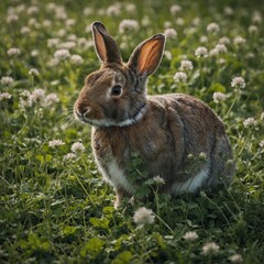 A rabbit nibbling on clover in a flower-filled pasture.