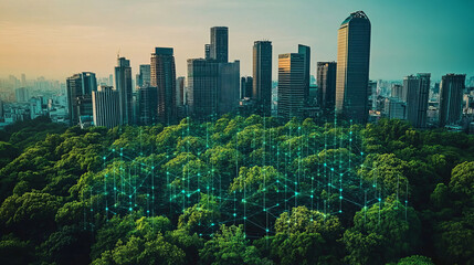 Obraz premium Innovative smart city with green spaces and urban technology integration
