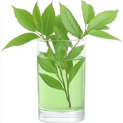 Fresh green leaves in a glass of water.