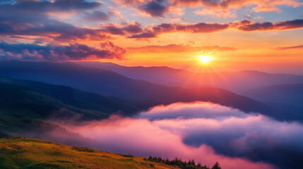 Obraz premium beautiful sunset landscape with fogey effect.ai generative