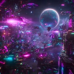 Obraz premium Futuristic city skyline at night with flying vehicles and a large moon.