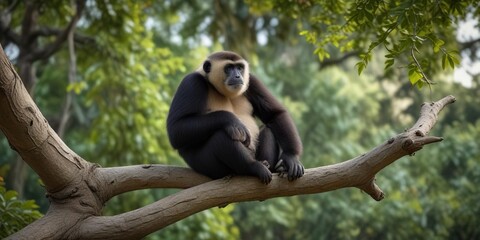 Fototapeta premium A Bornean white-bearded gibbon resting on a curved branch of a tall tree, canopy, slow-moving, arboreal