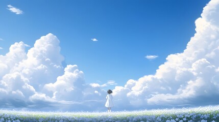 Fototapeta premium A young girl in a white dress gazes at fluffy clouds in a scenic field of blue flowers.