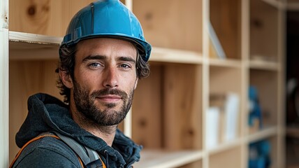 A confident construction worker in a blue hard hat poses against a wooden backdrop, showcasing professionalism and dedication in the building industry.