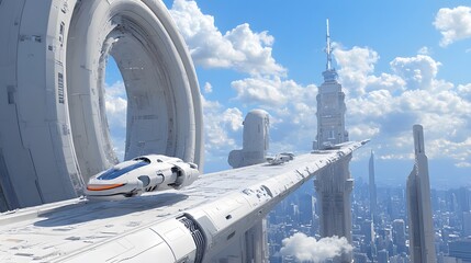 Fototapeta premium Futuristic cityscape featuring sleek vehicles and towering skyscrapers under a bright sky.