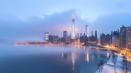 Naklejka premium A serene skyline of a city at dawn, featuring modern skyscrapers shrouded in mist.
