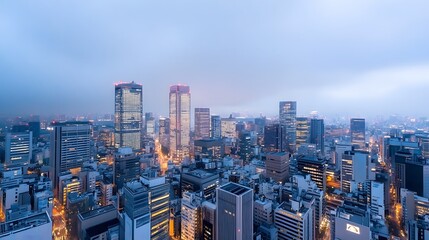Fototapeta premium Aerial view of a bustling city skyline during twilight with glowing skyscrapers.