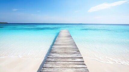 Travel image showing a wooden pier extending into the clear blue sea
