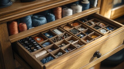 Organized sewing supplies in wooden drawer.