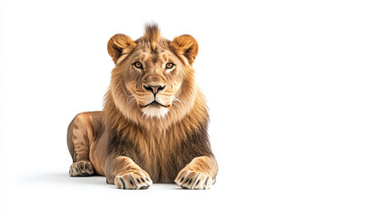 Obraz premium Full body lion front view portrait, lying down, isolated on white background. wild male carnivore predator cat animal with mane, africa jungle king, danger, power, big, resting and relaxing.