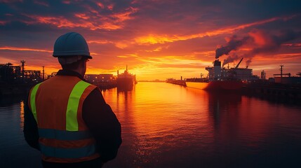 Fototapeta premium Sunset industrial scene worker at port landscape photography calm