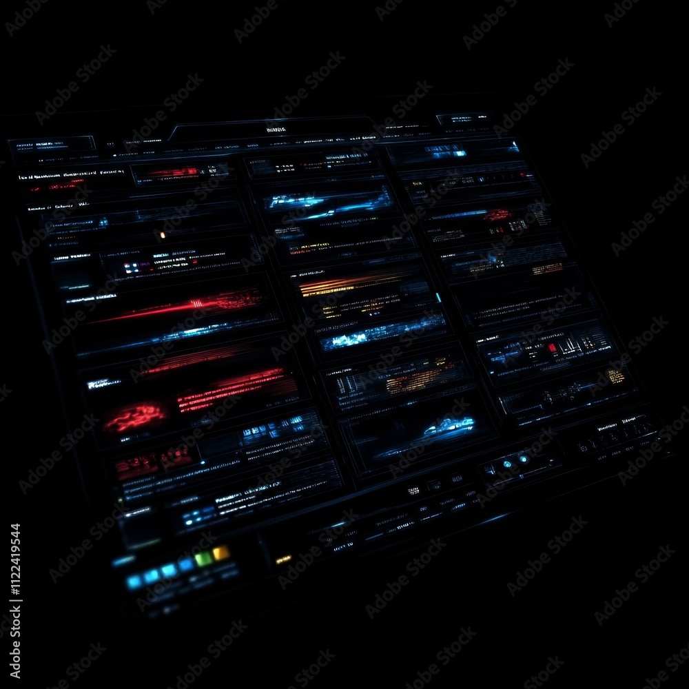 Aufkleber futuristic digital interface with glowing data streams and graphs on a dark background.