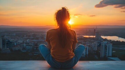 Fototapeta premium A young woman enjoys a sunset view over a city skyline, radiating tranquility.