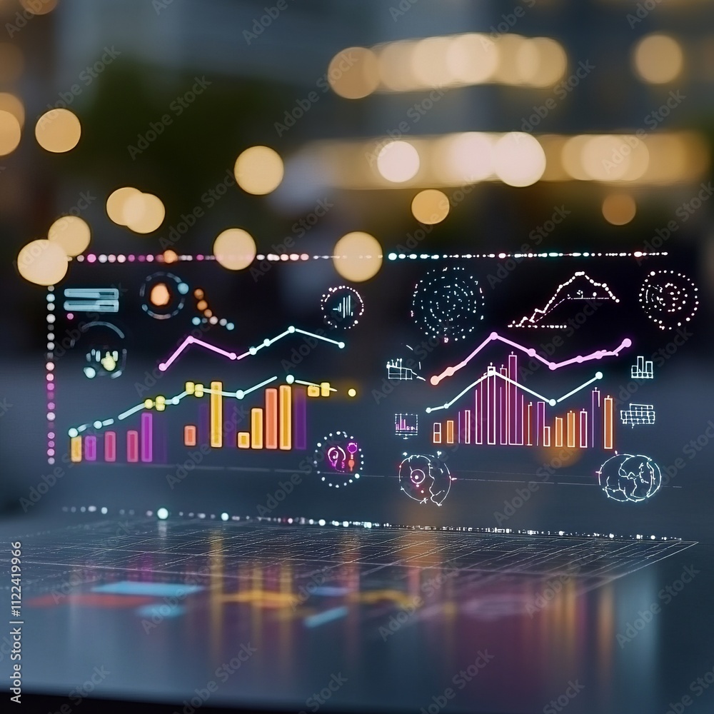 Poster futuristic glowing graphs and charts data visualization on a digital screen.
