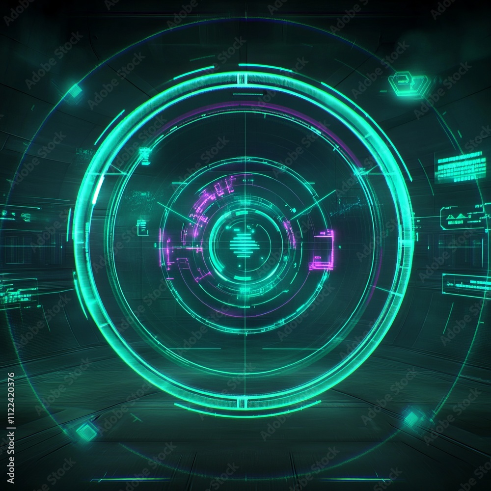 Wall mural futuristic hud interface with glowing circles and digital elements.