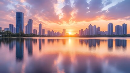 Fototapeta premium Stunning sunset over a city skyline reflecting in tranquil waters.